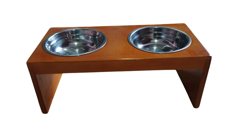Comedero de madera doble para mascota — dos compartimentos en madera natural